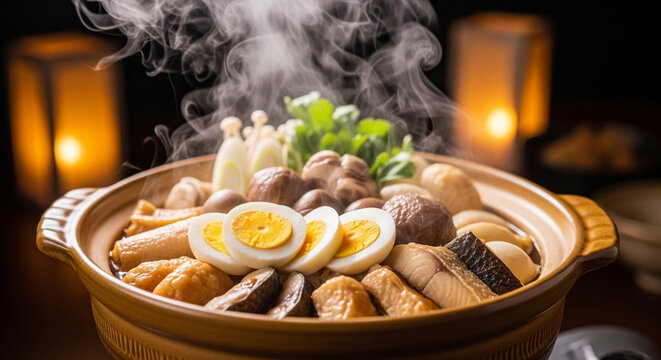 Steaming hot clay pot breakfast with eggs, sausage, and herbs in warm lighting