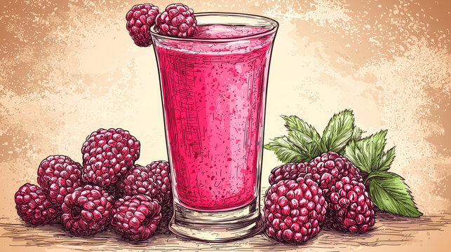 Vibrant hand-drawn illustration of a pink raspberry smoothie in a tall glass, surrounded by fresh raspberries and green leaves on a textured background