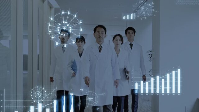 AIデータ分析を活用した医療チームの先進医療などのテクノロジーやデータ分析、未来や希望のなどのイメージの動画　医師が横並びで歩くモーショングラフィックス付き 白
