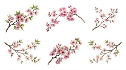 Fototapeta premium Set of 6 Delicate Pink Cherry Blossom Branches Vector Illustrations with Green Leaves for Spring Design