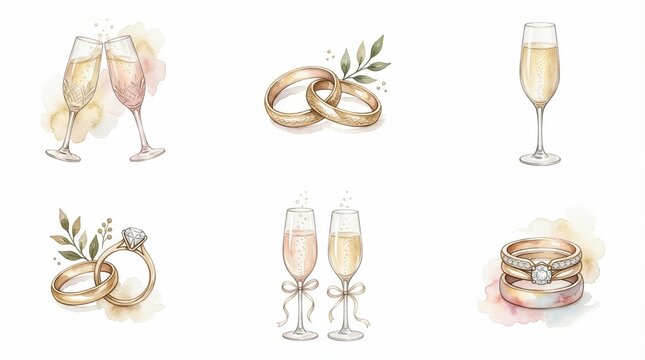 Watercolor Wedding Celebration Icons Set with Champagne Flutes, Engagement Rings, and Gold Bands