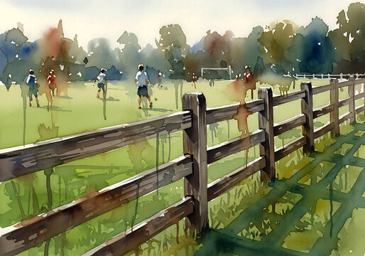 a baseball fence in the outfield with players