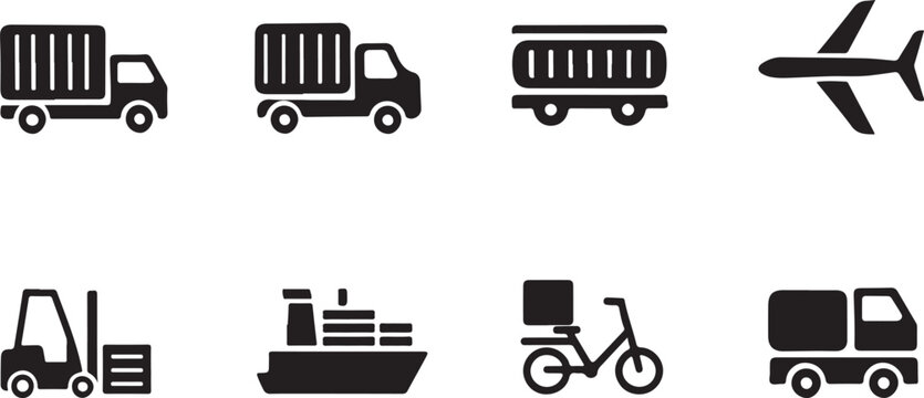 A collection of black silhouette icons representing various modes of transportation and logistics