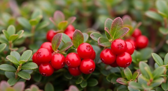A close up view of vibrant red lingonberries growing on a green shrub in a natural forest setting. american bearberry