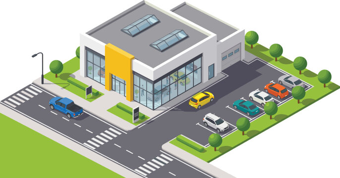 Modern car dealership building, auto showroom exterior parking lot street view, urban commercial property vector illustration isometric design