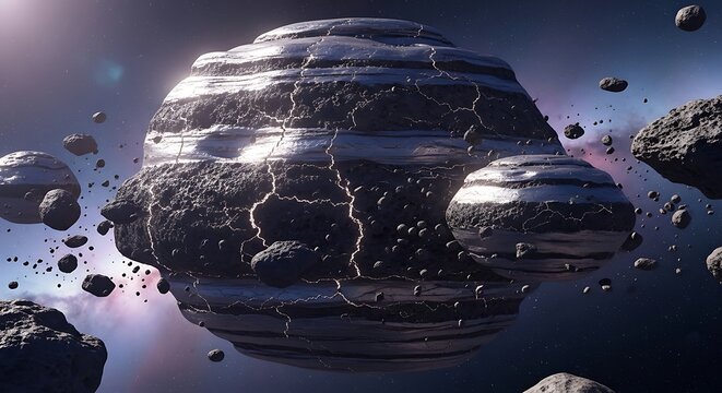 A massive fractured celestial body surrounded by a dense field of floating space rock debris. astroid belt