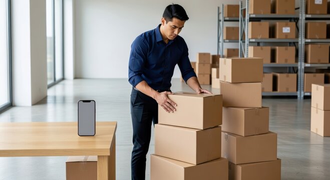 Gen Z & Millennial Financial Planning concept. Man organizing cardboard boxes in a modern warehouse or office space.