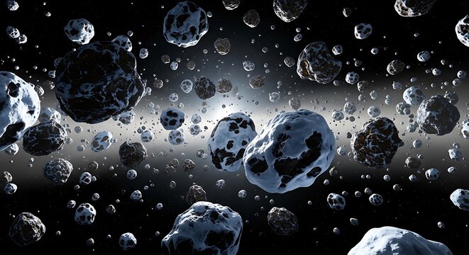 A vast field of icy asteroids drifting through the deep dark expanse of outer space in the galaxy. astroid belt