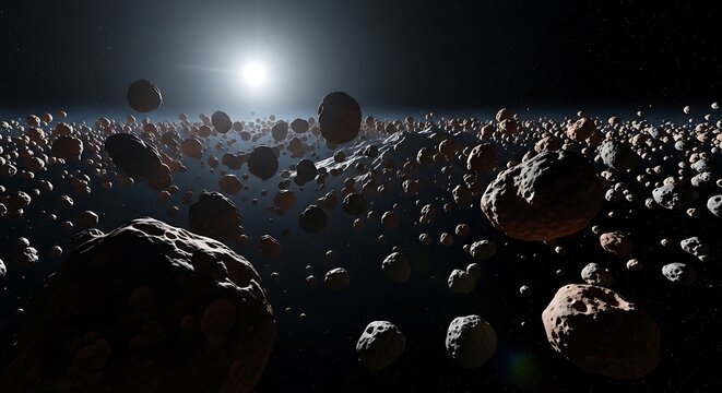 A vast asteroid field drifting through deep space with a distant bright star illuminating the scene. astroid belt