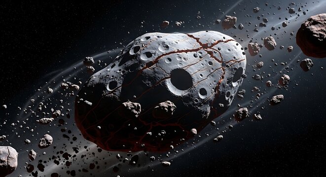 A massive cracked asteroid drifting through a dense field of space debris in the deep dark cosmos. astroid belt