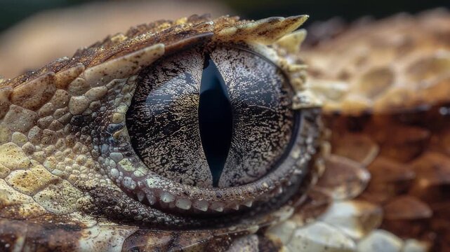 Close up detailed macro shot of a reptile eye with textured scales and vertical slit pupil in natural light