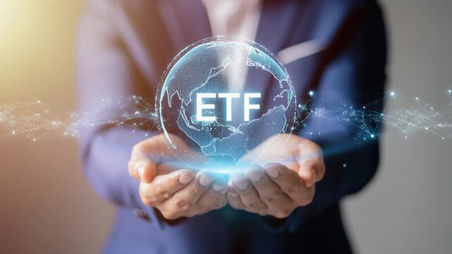 Businessman holding digital globe with ETF letters global investment concept
