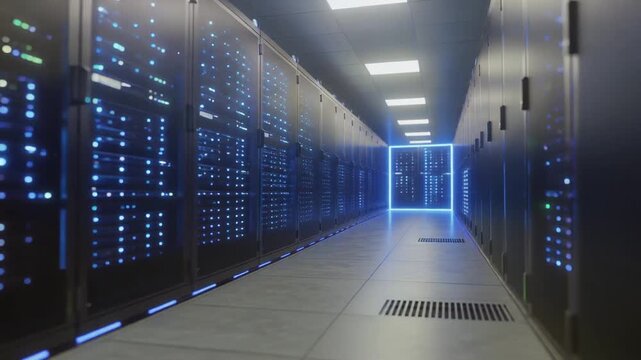 Modern data center server room with illuminated racks and futuristic blue lighting technology