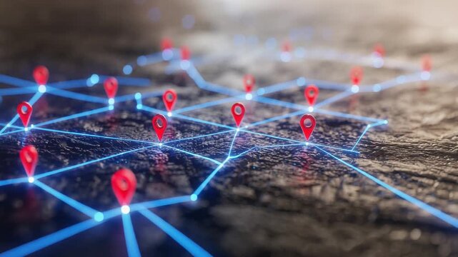 Digital map with glowing blue network and red location markers representing global connectivity and navigation
