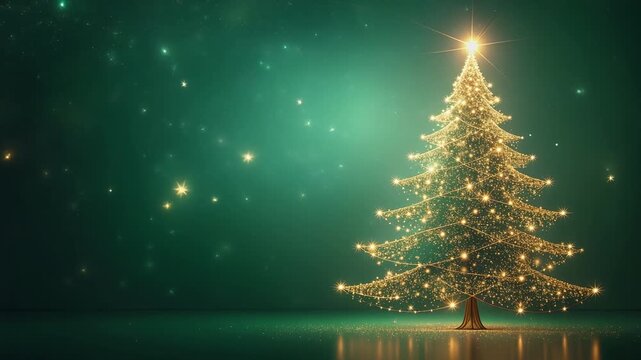Glowing golden Christmas tree with sparkling lights and starry background festive holiday decoration