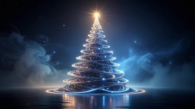 Glowing futuristic Christmas tree with bright star and magical light effects in dark festive scene