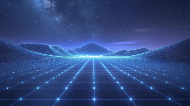 Futuristic digital landscape with glowing grid and starry night sky for technology and virtual reality