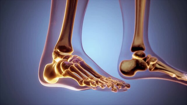 Detailed 3D illustration of human foot bones with transparent skin showcasing anatomy and skeletal structure
