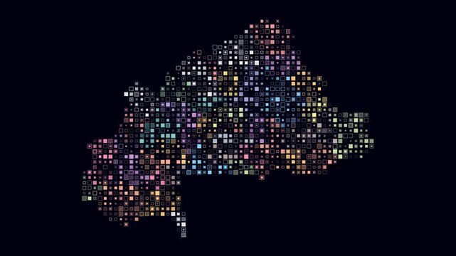 Burkina Faso map animation. Shape of the country with pulsating colored dots. Small size square blocks. Digital style Burkina Faso map on dark background. Abstract video.