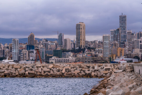 Beirut coast with city skyline in the capital of Lebanon.
