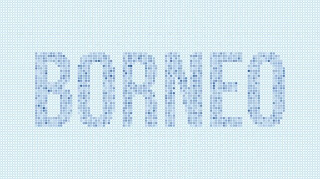 Borneo dotted map animation. Digital style shape of the island. Borneo shape and title blue dots appear with flickering effect. Malaysia. Modern Intro, outro, title, logo video.