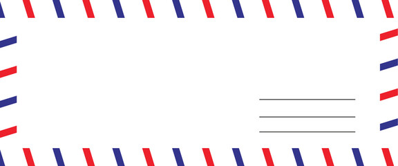 Fototapeta premium Airmail Envelope frame images with strips. International vintage letter border. Retro air mail postcard with blue and red stripes. Empty classic postal frame. Vector illustration