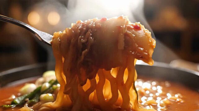 Hot Spicy Noodles. Chef Savoring Steaming Spicy Noodle Dish. Closeup Of Aromatic Spicy Noodle Soup With Garnish. Vibrant Image Of Steaming Spicy Noodles With Herbs And Sesame On Busy Counter.