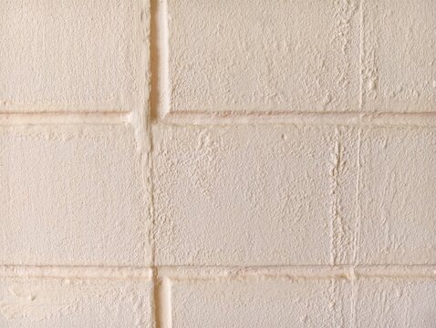 Close-up of a painted cinder block wall showing rough texture, mortar joints, and light beige surface with subtle imperfections.