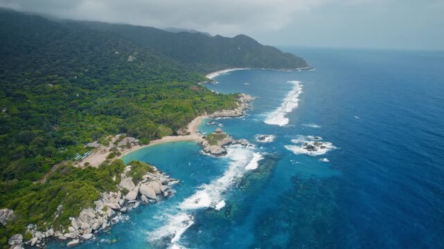 Aerial view of Tayrona National Park coastline, Caribbean Sea, Colombi