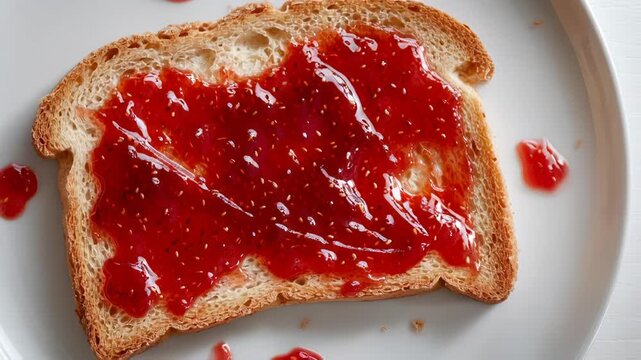 Top View of Spreading Sweet Strawberry Jam with Fruit Seeds on a Slice of Toasted Bread