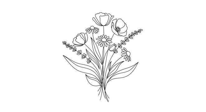 Tulips flowers bouquet line art drawing.