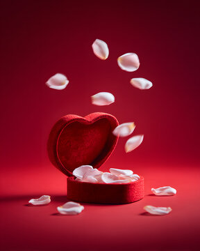 Romantic gesture heart-shaped box love theme petals in air red background
