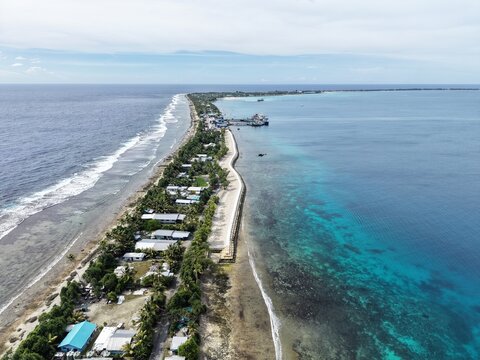 FUNAFUTI, TUVALU - MARCH 2026: Aerial view of the "Te Namamo" seawall, meaning "calming the waves" in Tuvaluan, constructed under the TTCAP project funded by Taiwan.