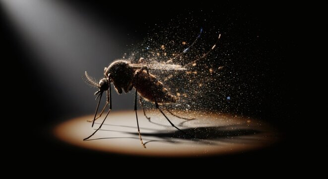 Mosquito in spotlight with dust particles, symbolizing malaria awareness perfect for World Malaria Day