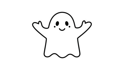 Naklejka premium Cute black and white line drawing of a small ghost with its arms raised and a friendly smiling face for halloween.