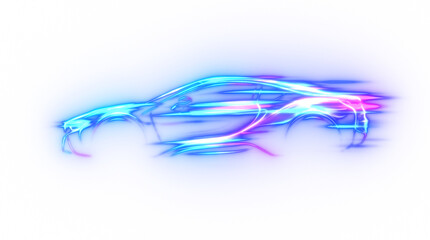 Futuristic neon sports car motion light trail overlay isolated on transparent background. 