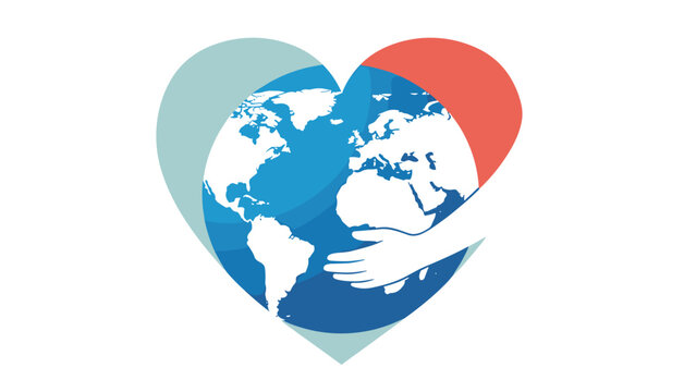 Compassionate illustration of hands hugging the planet earth inside a heart shape to symbolize global love and care.