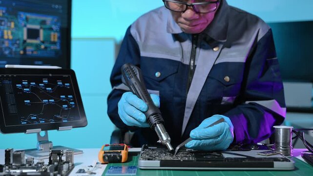 Technician inspecting laptop motherboard using magnifying glass in electronics repair lab, highlighting computer diagnostics, hardware maintenance, engineering