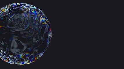 Abstract 3D iridescent bubble on dark background. Organic fluid sphere with holographic oil-slick texture, rainbow spectral reflections, and liquid glass distortion. Futuristic luxury 3D render.