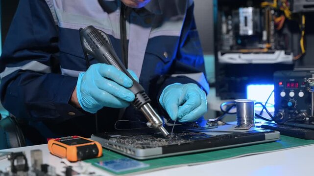 Technician inspecting laptop motherboard using magnifying glass in electronics repair lab, highlighting computer diagnostics, hardware maintenance, engineering