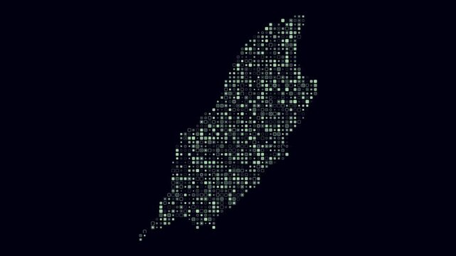 Isle of Man map animation. Shape of the country with pulsating colored dots. Small size rounded square blocks. Digital style Isle of Man map on dark background. Beautiful video.