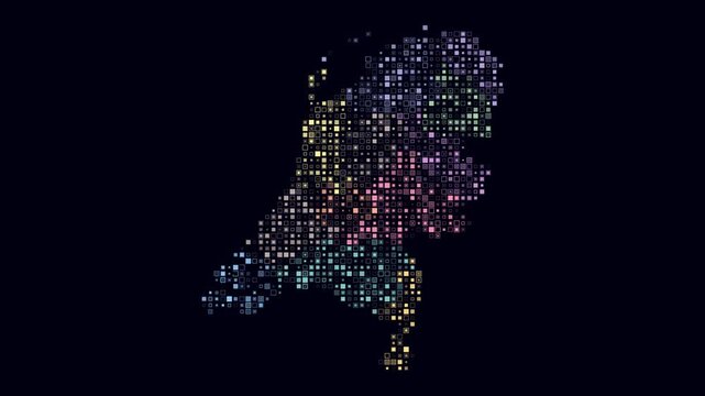 Netherlands animated country shape. Pulsating colored dots on the map of the country. Small size square blocks. Digital style Netherlands map on dark background. Creative animation video.