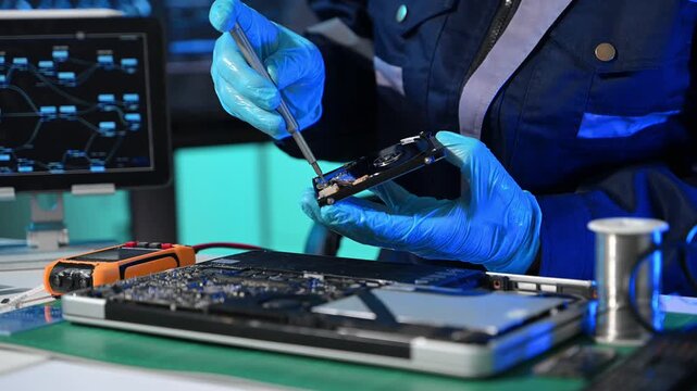 Technician repairing inside of hard disk drive by screwdriver. the concept of data, hardware, technician and technology. computer hardware, repairing, upgrade