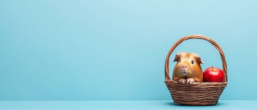 Cute guinea pig and a red apple sit together in a wicker basket against a minimalist light blue background