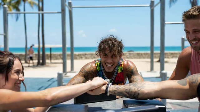 Young woman and tattooed man compete in an intense arm wrestling match at an outdoor fitness park while a group of friends watches closely