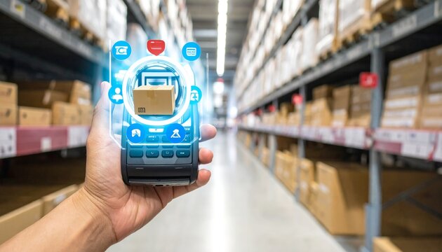 Hand holding digital checkout terminal scanning in warehouse setting