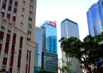 Naklejka premium China Construction Bank and AIA Hong Kong Group, Central Cheung Kong Center towers skyscrapers. Central Business District China, Hong Kong, Jan 8, 2026.