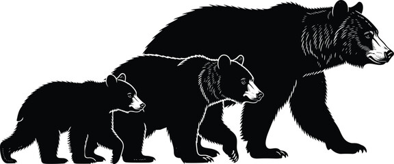 Black bear family silhouette with mother bear and two cubs walking together in nature, wild animal vector illustration for outdoor forest wildlife conservation design. © MdHasanAli