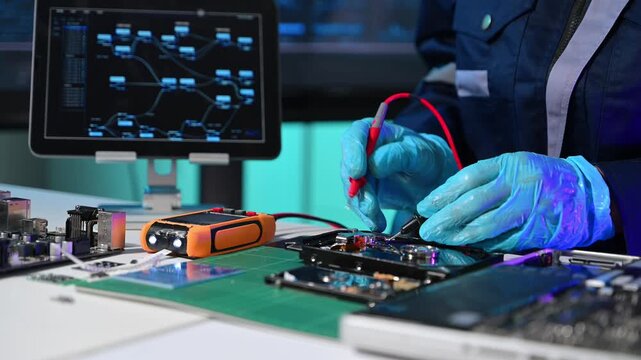 Senior technician performing PCB soldering and diagnostics with multimeter in electronics lab, showcasing hardware engineering