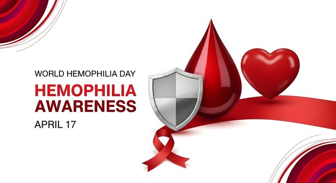 World hemophilia day awareness poster with red ribbon shield and heart on white background